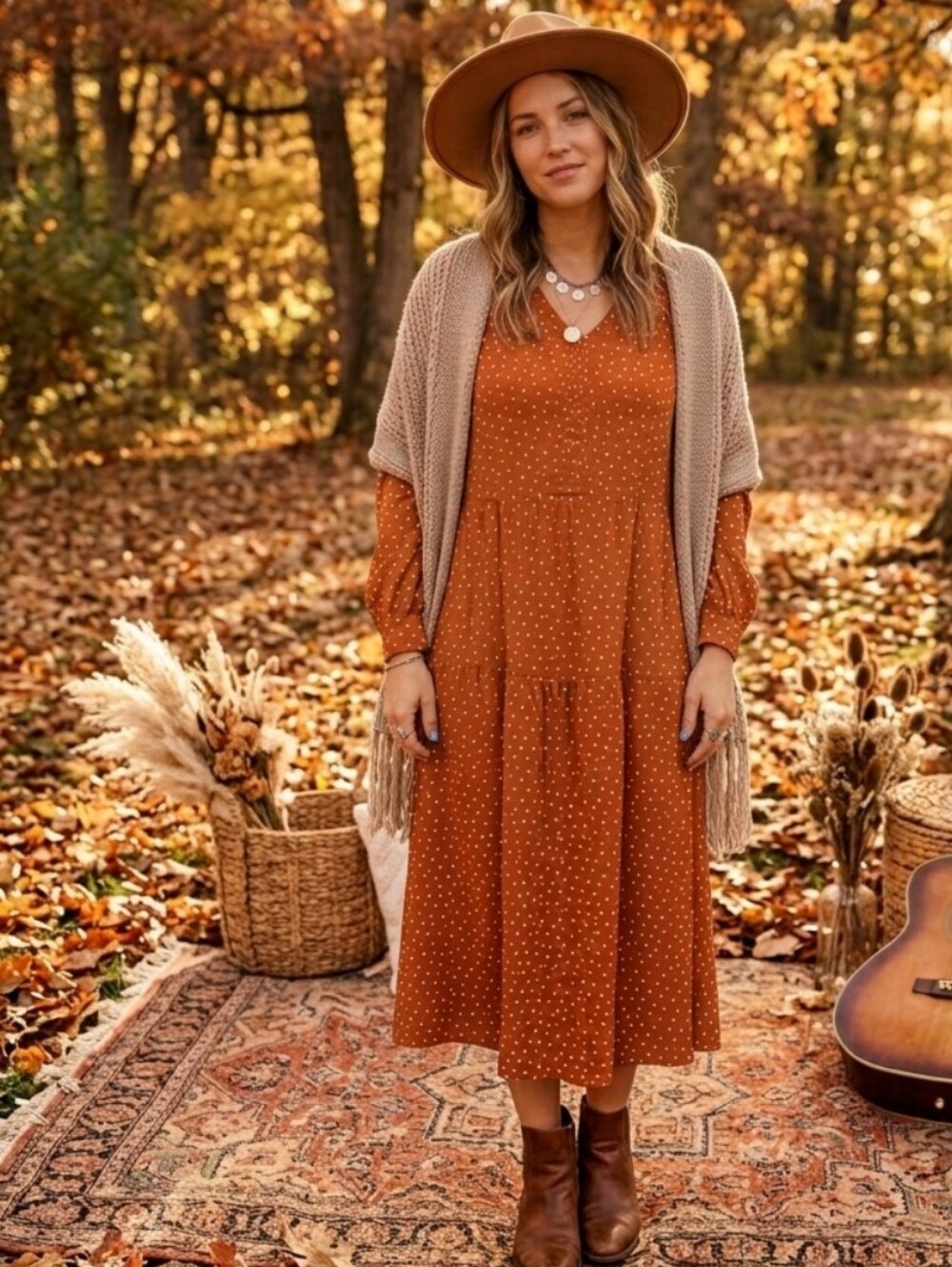 Cameo Polka Dot Long-Sleeve Midi Dress - Rust Orange/brown